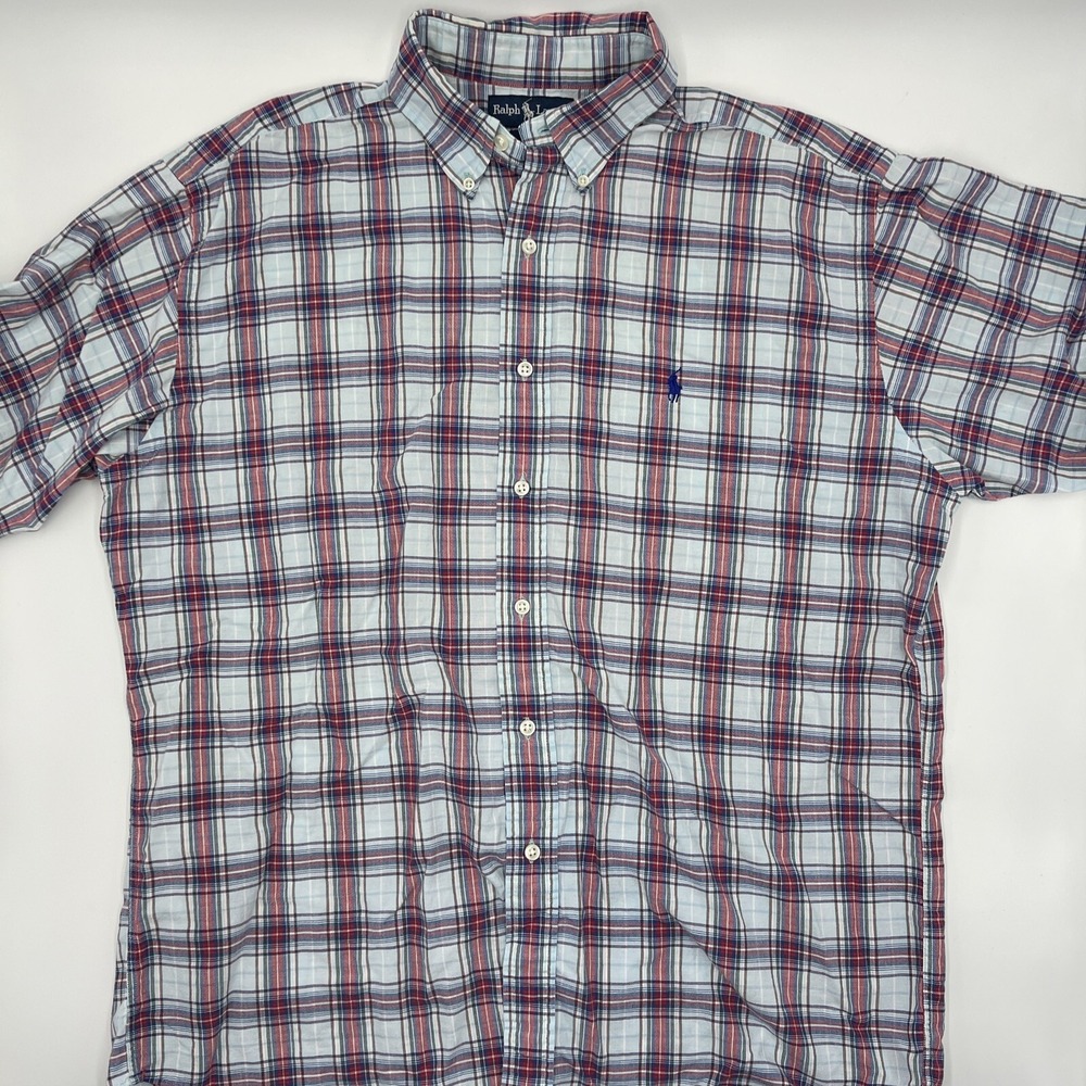 POLO RALPH LAUREN BLAKE SHORT SLEEVE PLAID SHIRT BUTTON DOWN Large Blue Pony 119